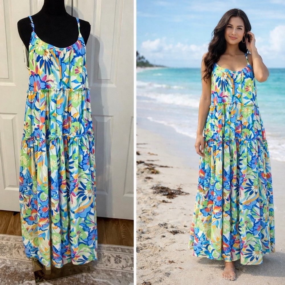 Flying Tomato Floral Tiered Maxi Dress Boho Tropical Size M